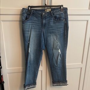 Blue distressed Democracy embellished cuffs 12.